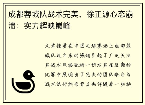 成都蓉城队战术完美，徐正源心态崩溃：实力辉映巅峰