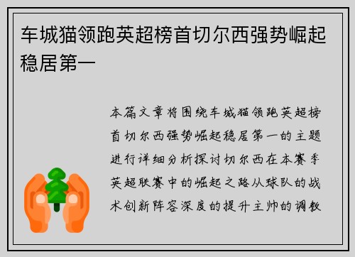车城猫领跑英超榜首切尔西强势崛起稳居第一