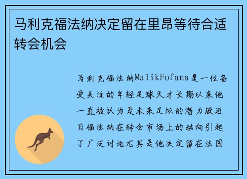 马利克福法纳决定留在里昂等待合适转会机会